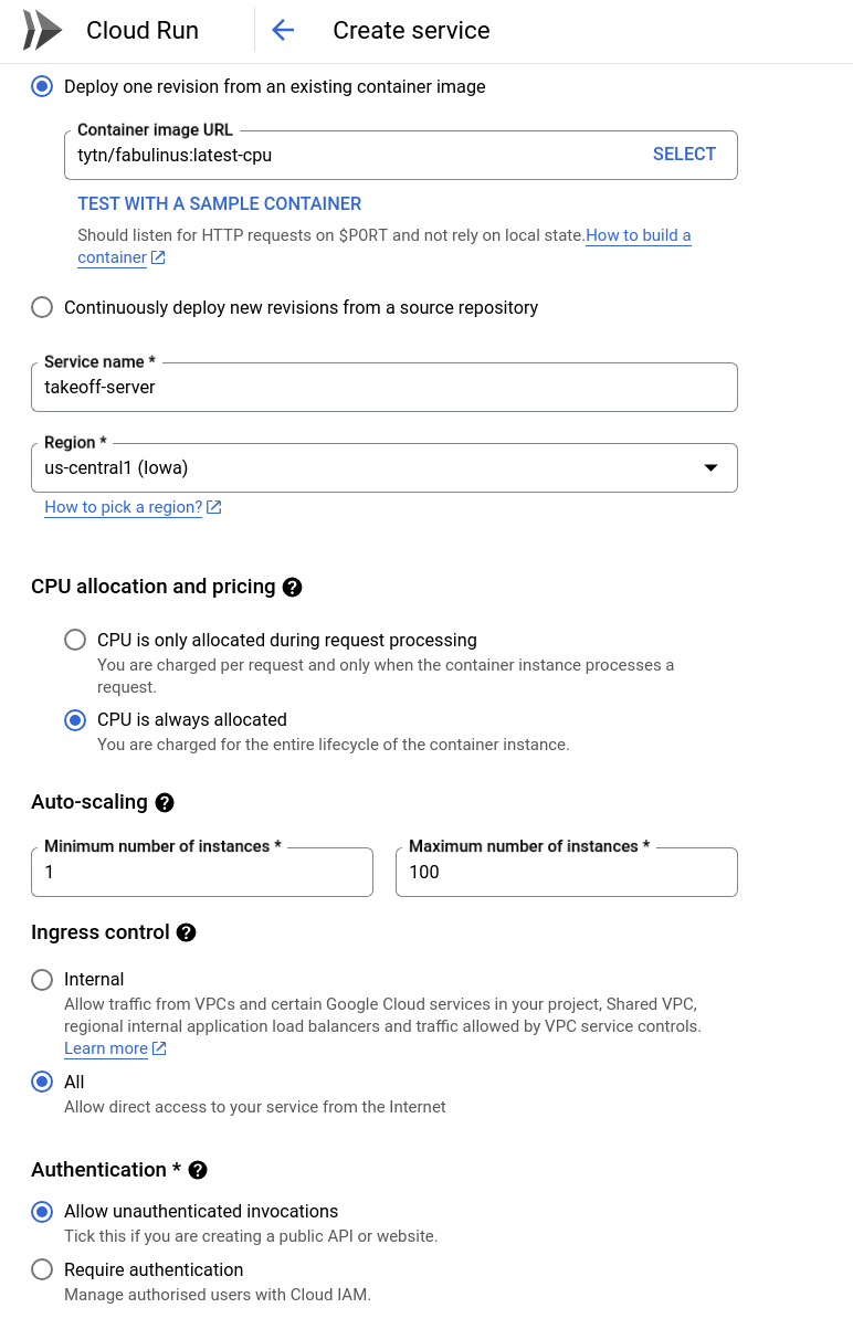 The create service form